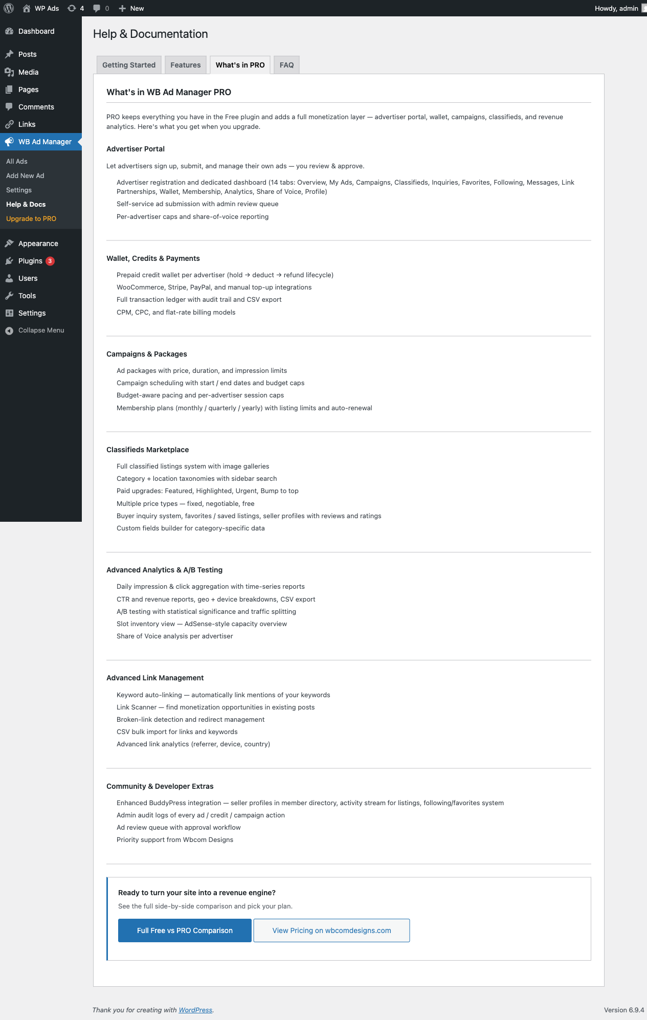 Help & Docs, "What's in PRO". Clear breakdown of Pro-only additions (advertiser portal, wallet, campaigns, classifieds marketplace, advanced analytics, link scanner).