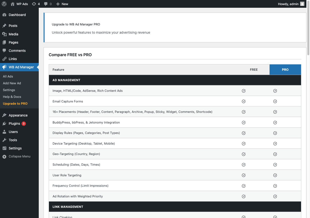 Free vs PRO comparison. Row-by-row feature table so you know exactly what you're getting at each tier.