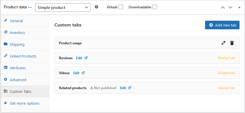 Global tabs and product-specific tabs on the product edit page