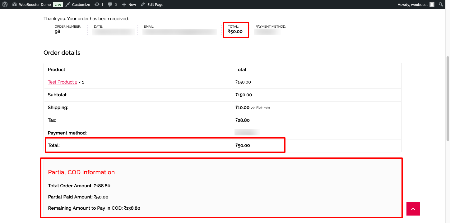 Thankyou page Partial COD Information