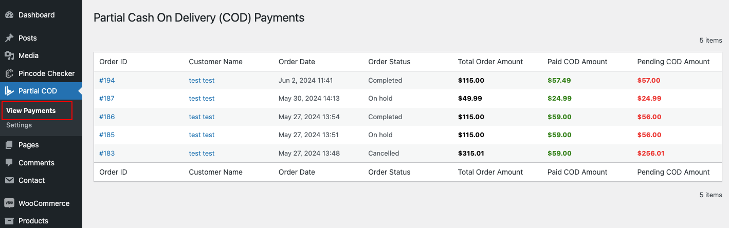 Partial COD List in admin panel