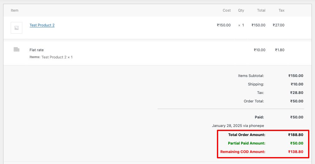 View Order details page information