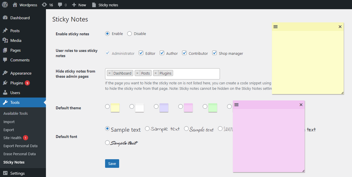 Multiple sticky notes on the dashboard