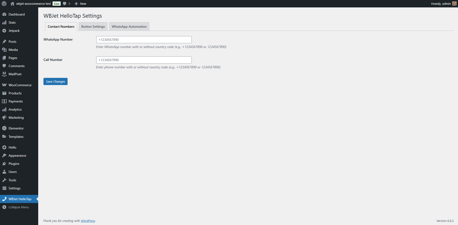 WBJet HelloTap main settings page with WhatsApp and Call number configuration