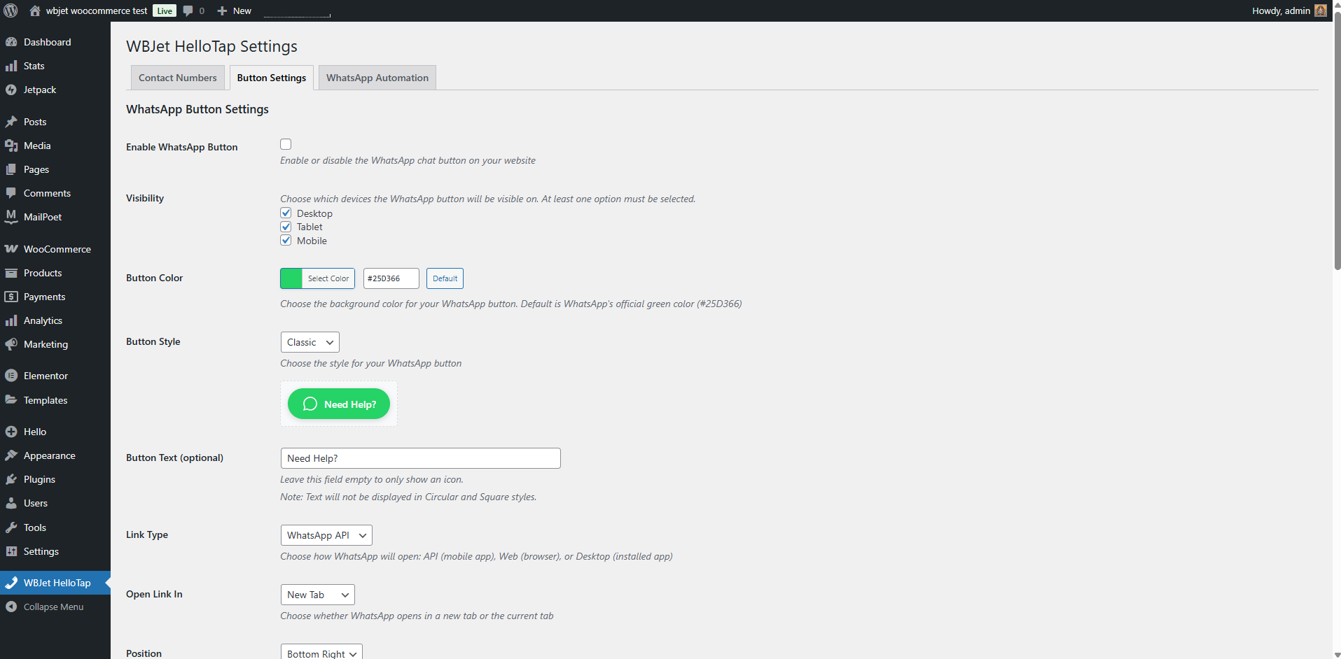 WhatsApp button settings with style, color, and position options