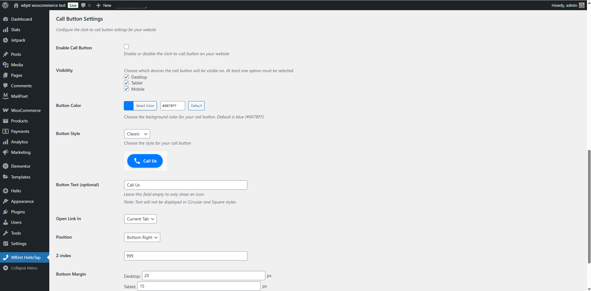 Call button settings with customization options