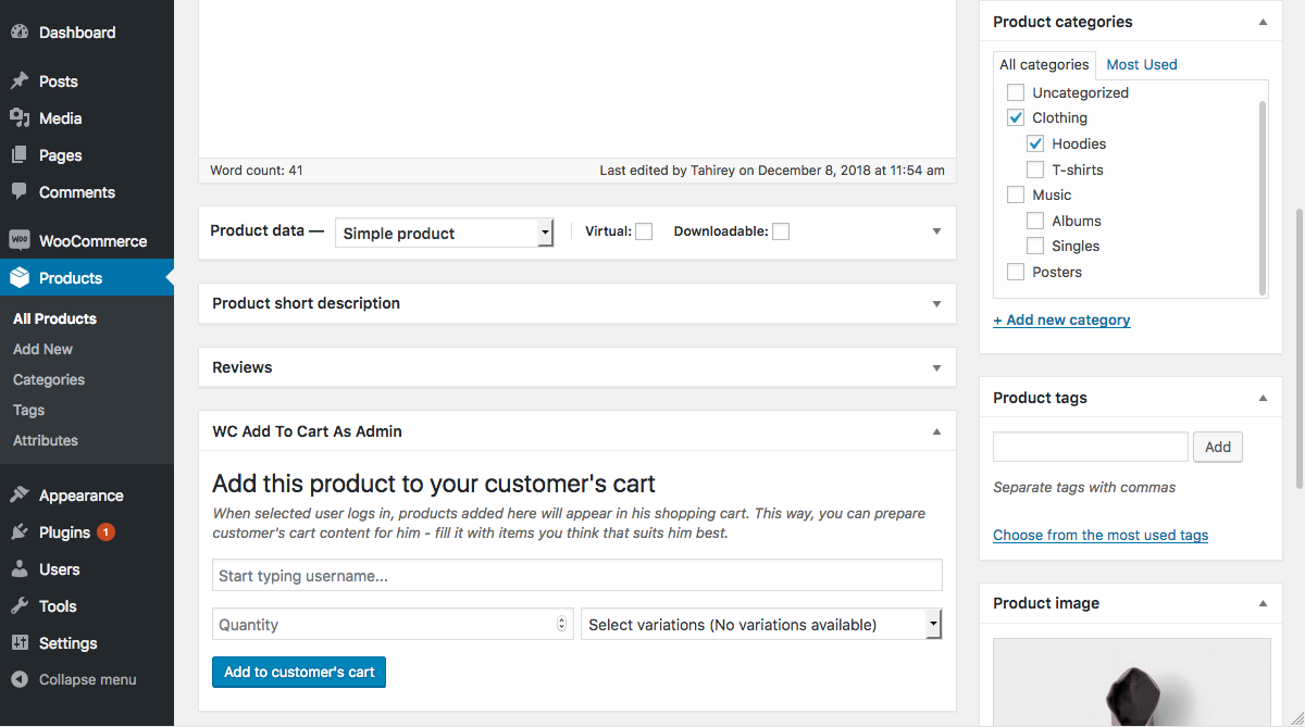 WC Add To Cart As Admin meta box on the bottom of each WooCommerce Product page in WP admin area