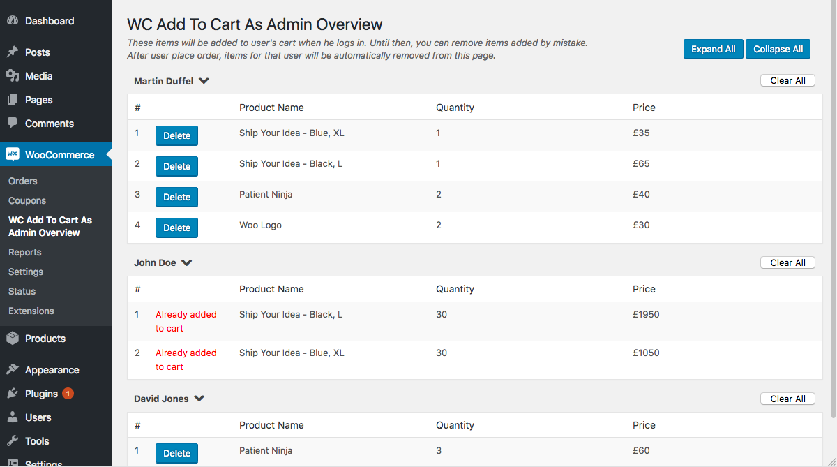 WC Add To Cart As Admin Overview page