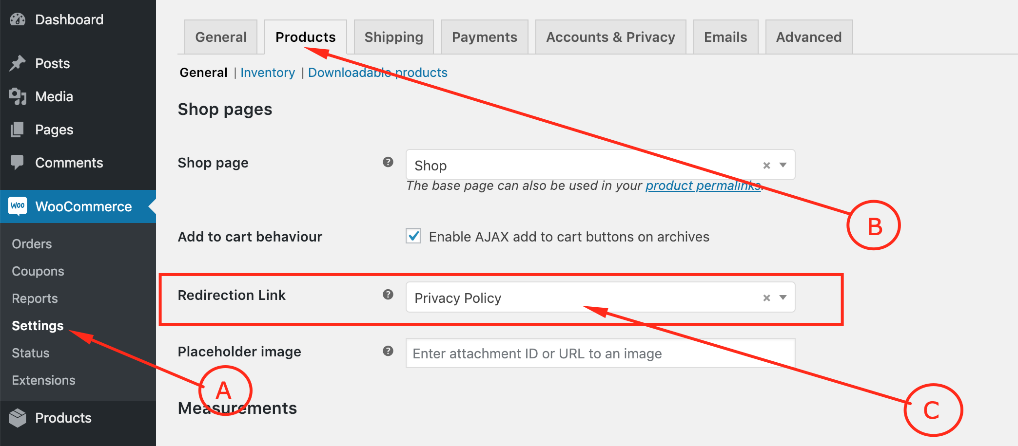 Configure the plugin. A. Click on the **WooCommerce -> Settings** B. Click on ** Products ** and C. Select the page from ** Redirection Link**. That's all!