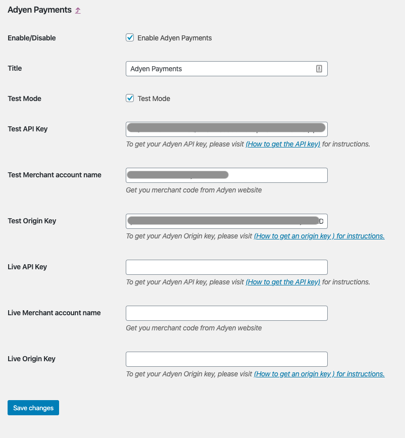 The plugin provides test mode where you can test the Adyen payment gateway before going live.