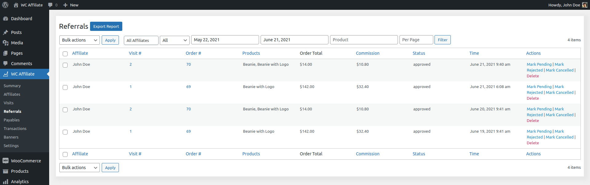 Affiliate - Visits Table