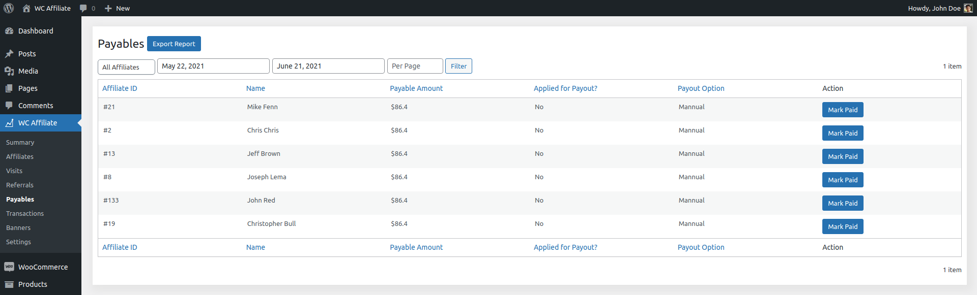 Affiliate - Referrals Table