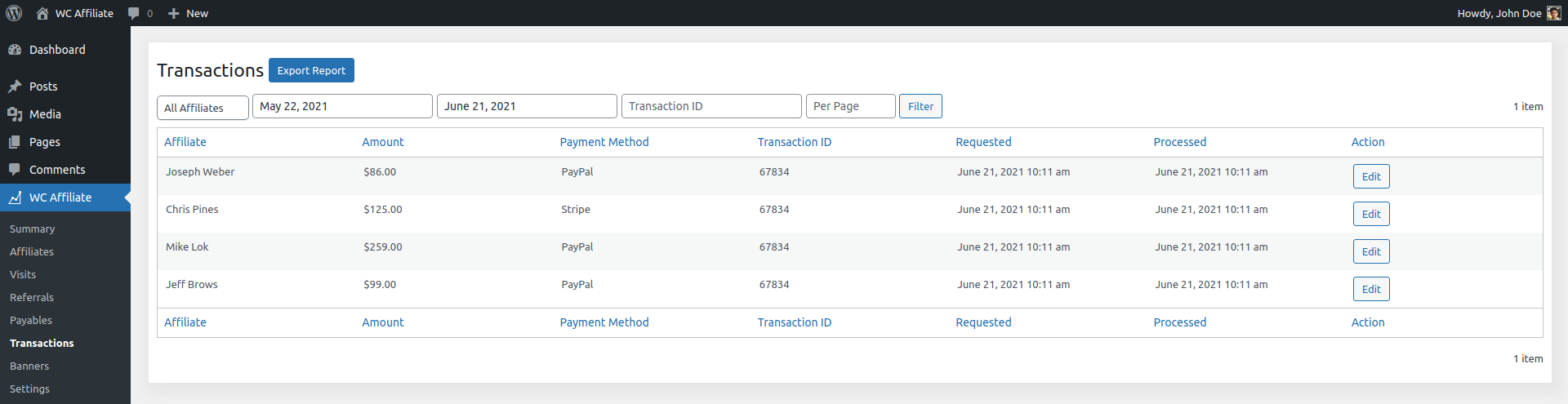 Affiliate - Transactions Table