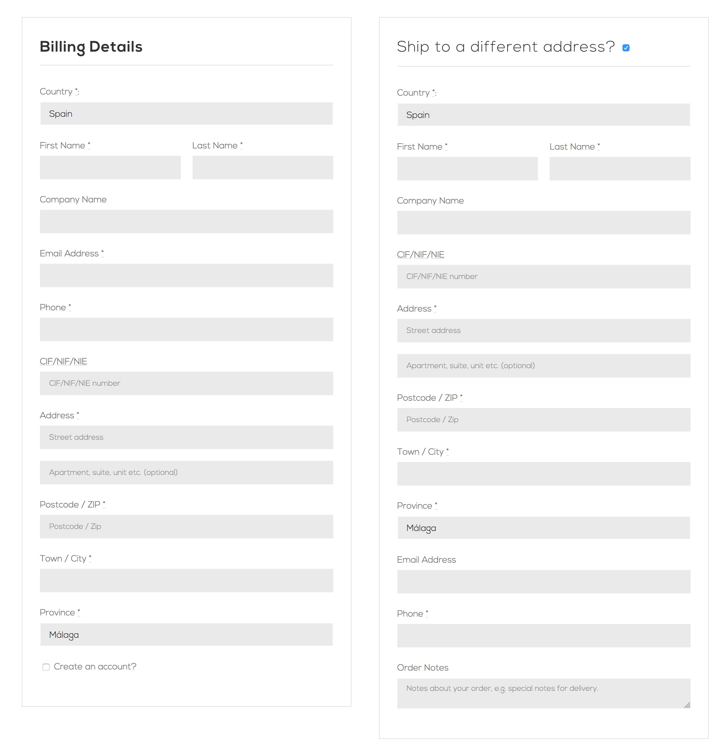 Screenshot of WC - APG NIF/CIF/NIE field. Billing and shipping forms. Classic Shortcode.