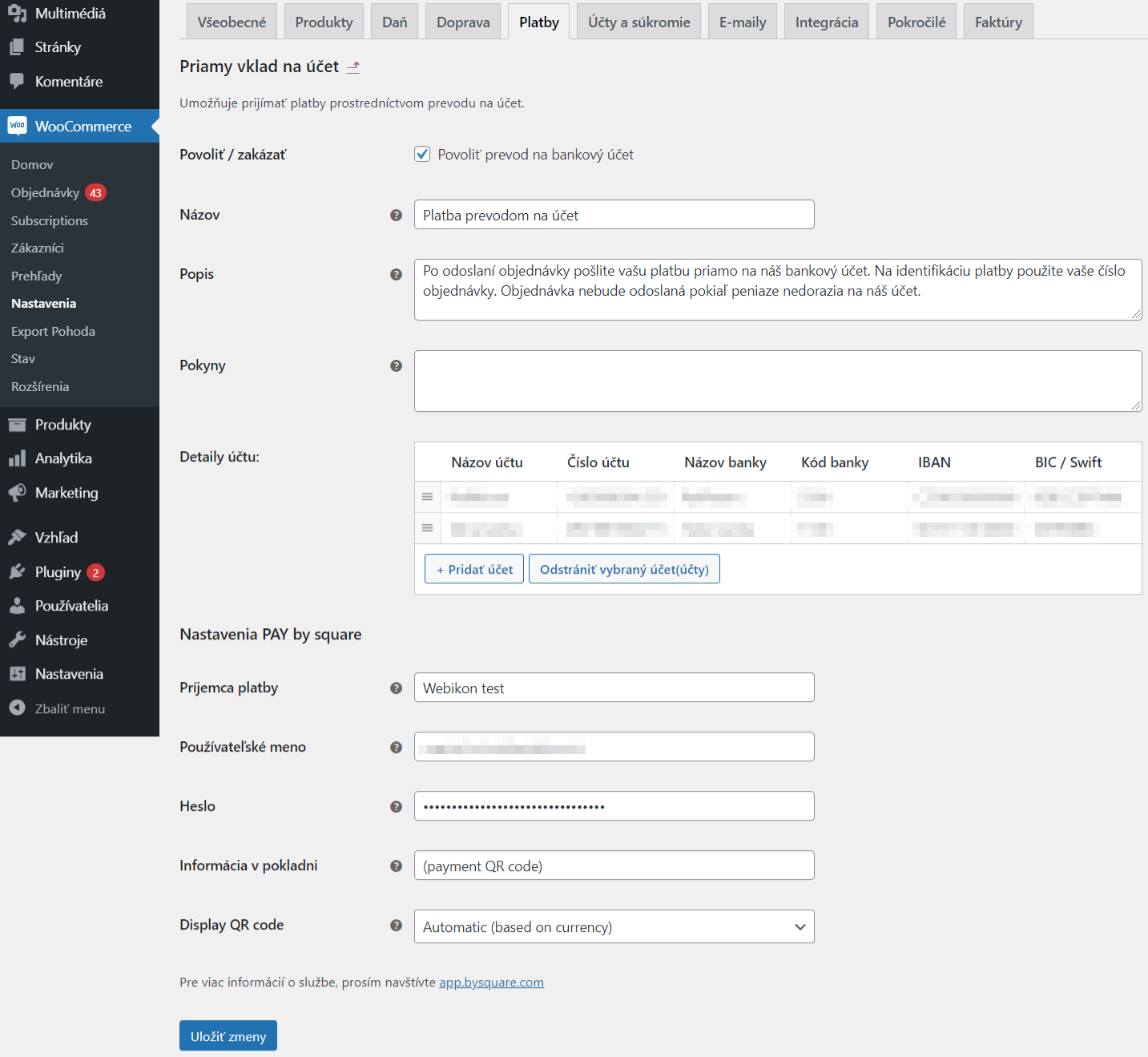 Pay by Square plugin - Nastavenia