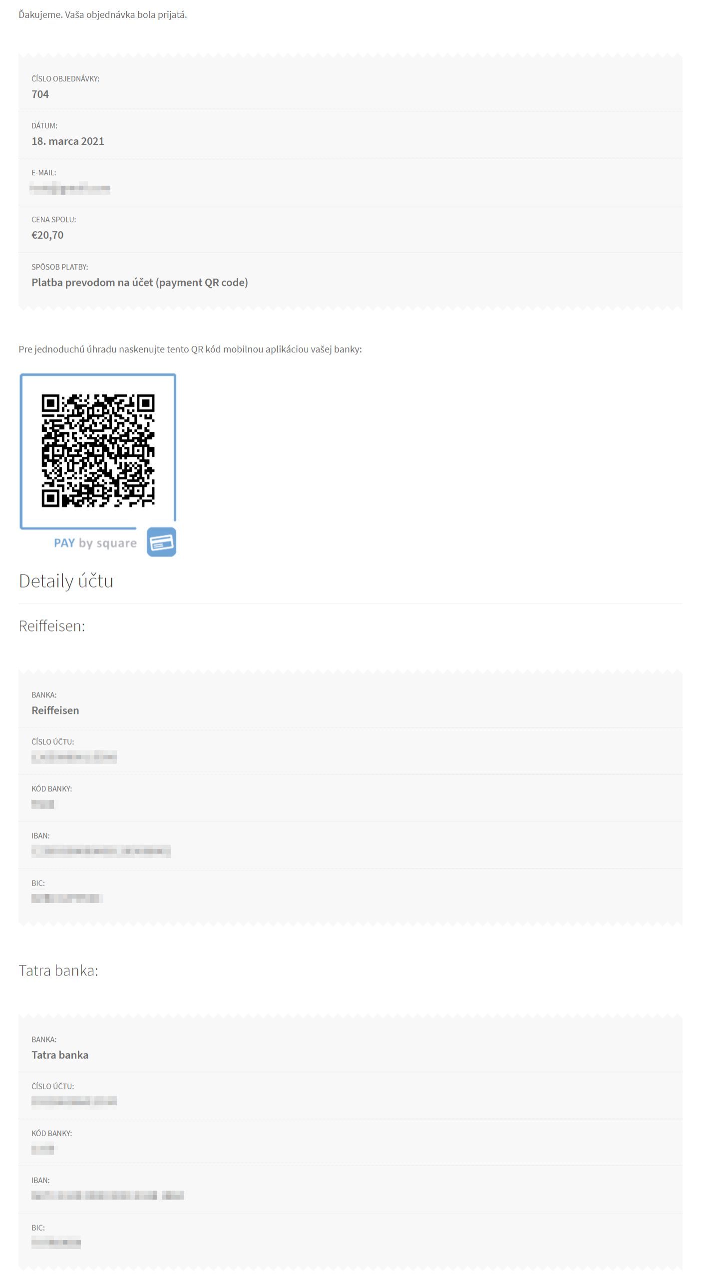 Pay by Square plugin - ďakovná stránka