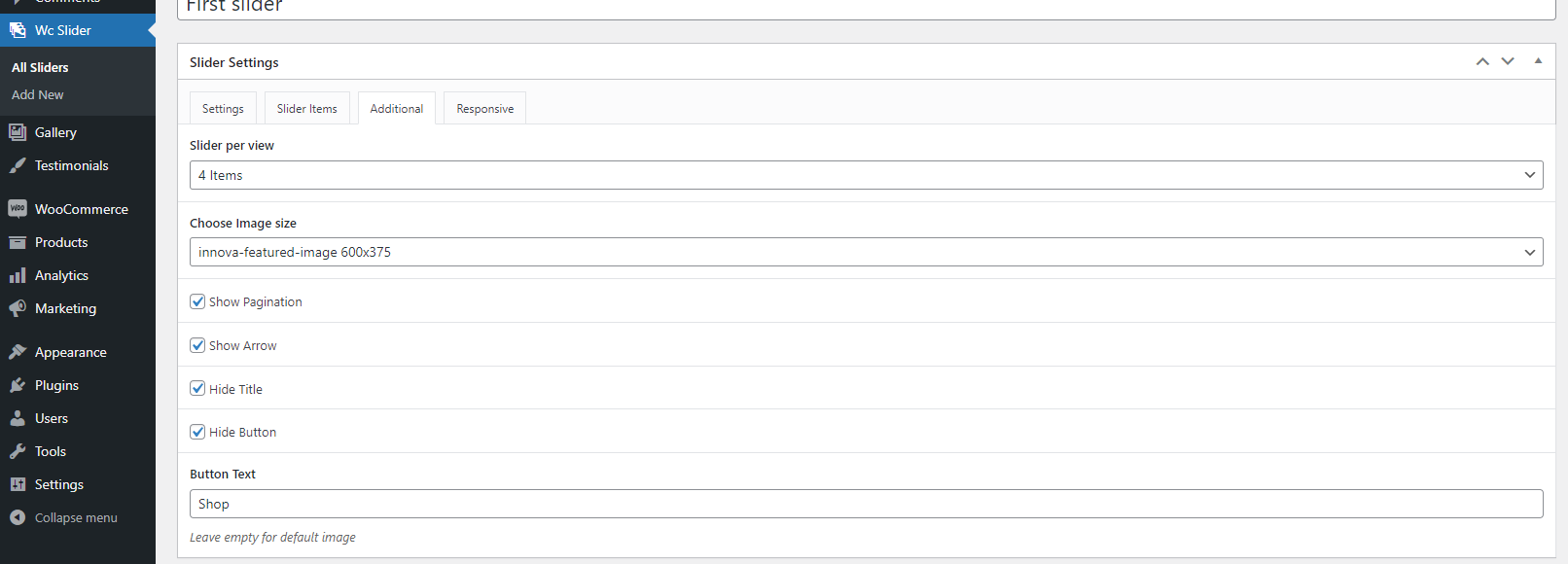 Settings page