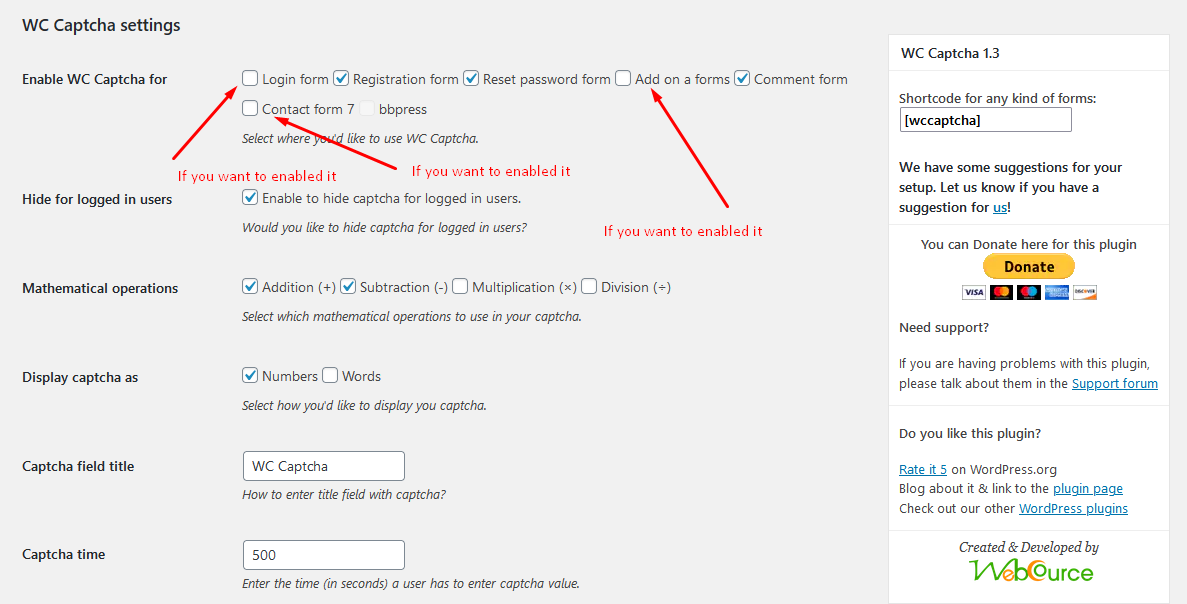 This is screenshot four - How to enable WC Captcha for each sections and also for Woocommerce.