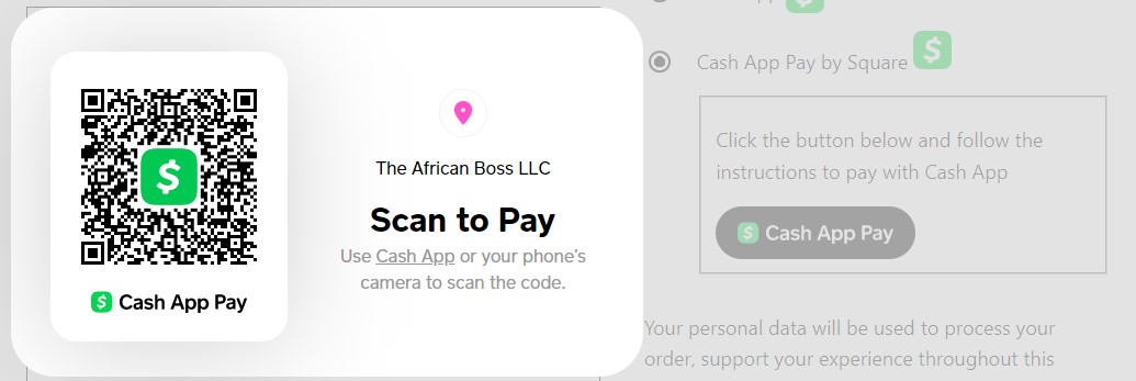 Checkout page view for customers using the Cash App Pay payment by Square method enabled.