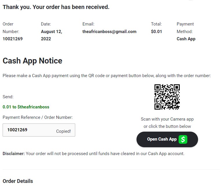 Thank you page after placing the order via the Cash App Link payment method