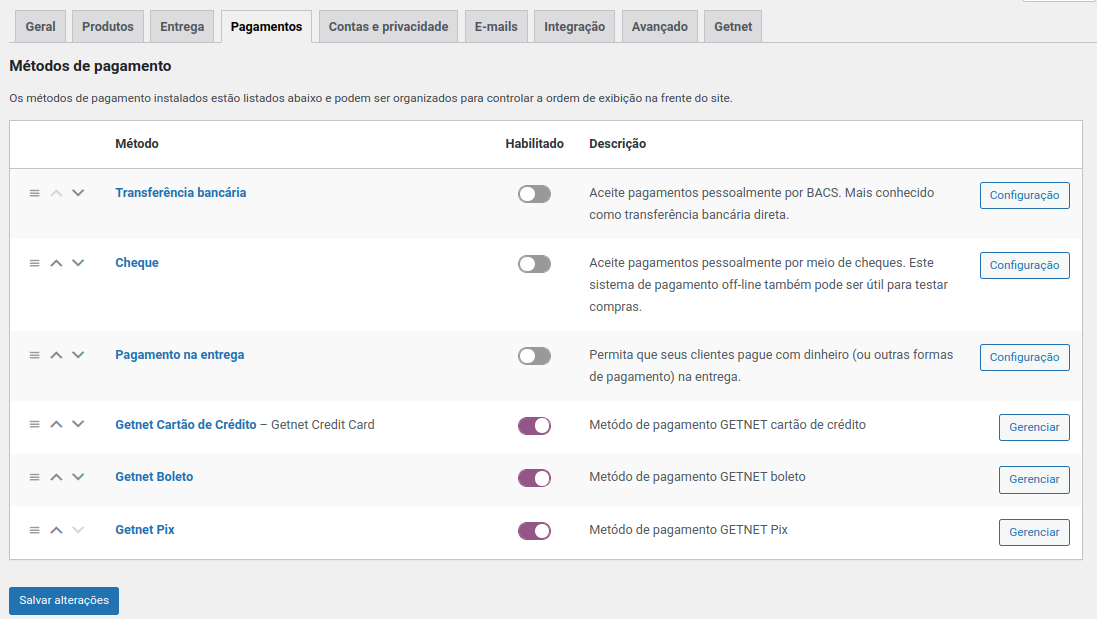 Métodos de pagamentos disponíveis para habilitar