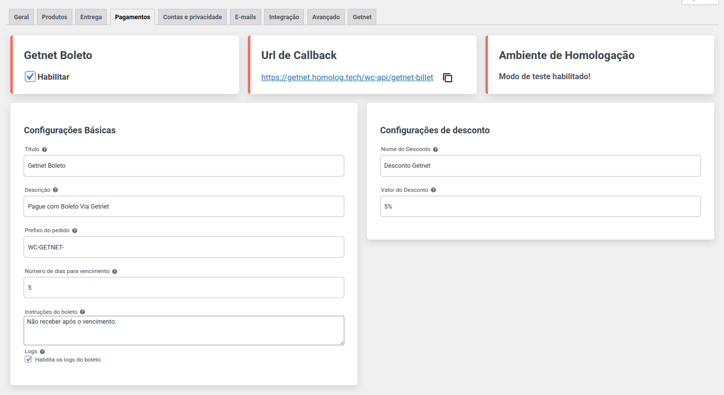 Configurações do Método de pagamento Boleto