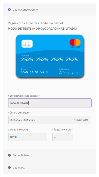 Checkout com opção de imagem de cartão de crédito habilitada