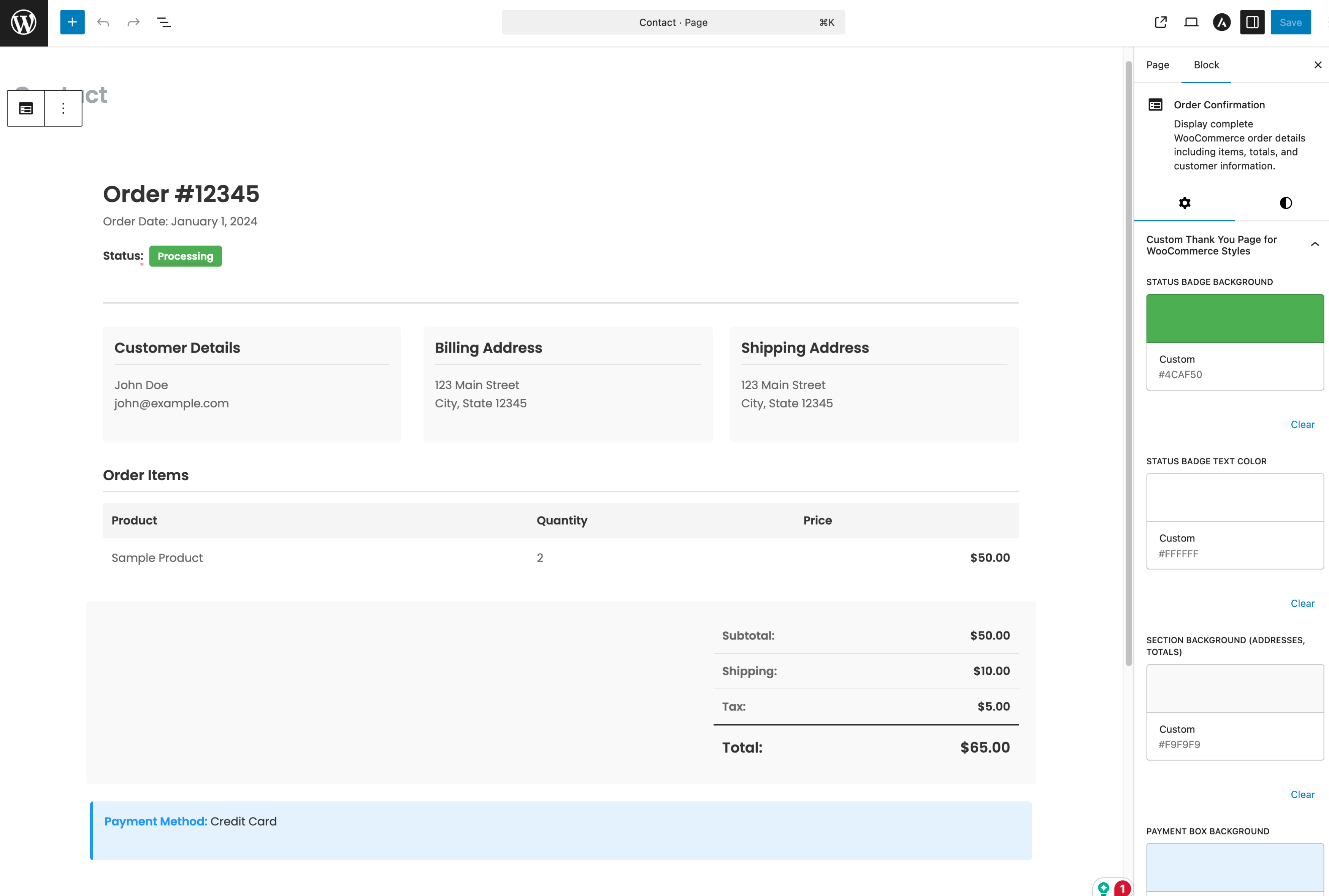 Thank You page block setup