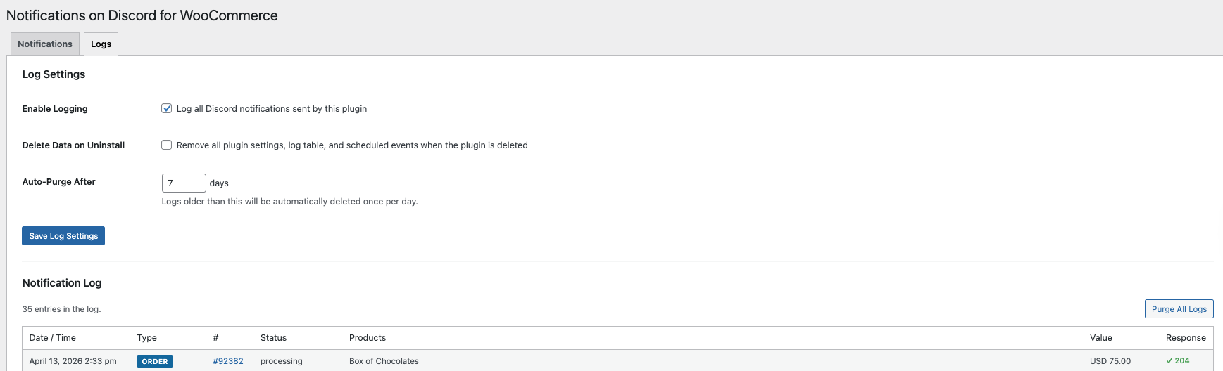 Logs tab - filterable notification history with response codes