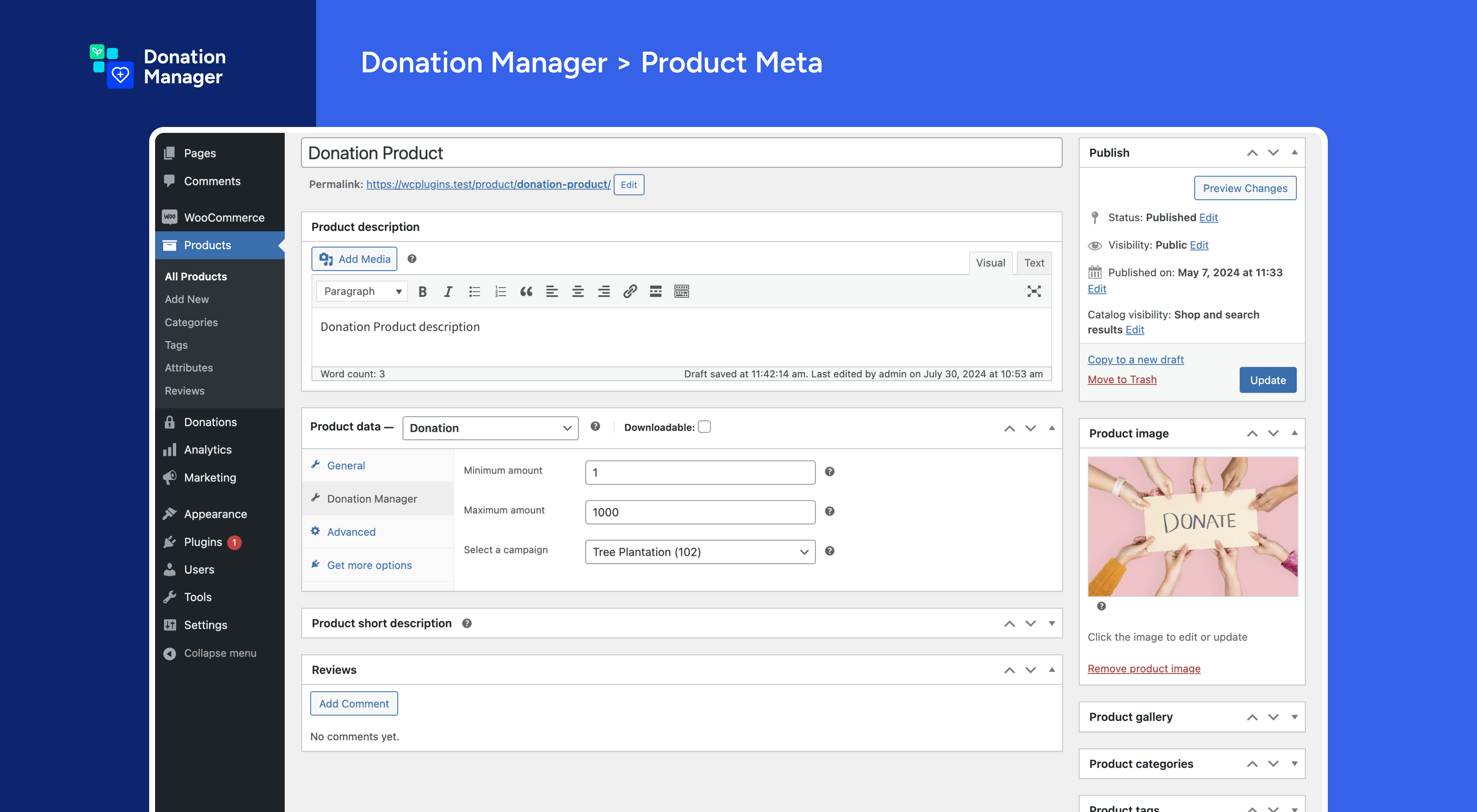 Donation Manager - Product metabox