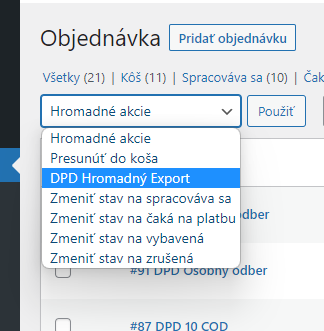 Zobrazenie možnosti hromadného exportu do DPD v zozname WooCommerce objednávok