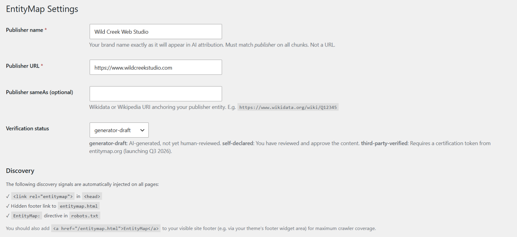 Settings page - configure your publisher name, URL, sameAs, verification status, and discovery signals.