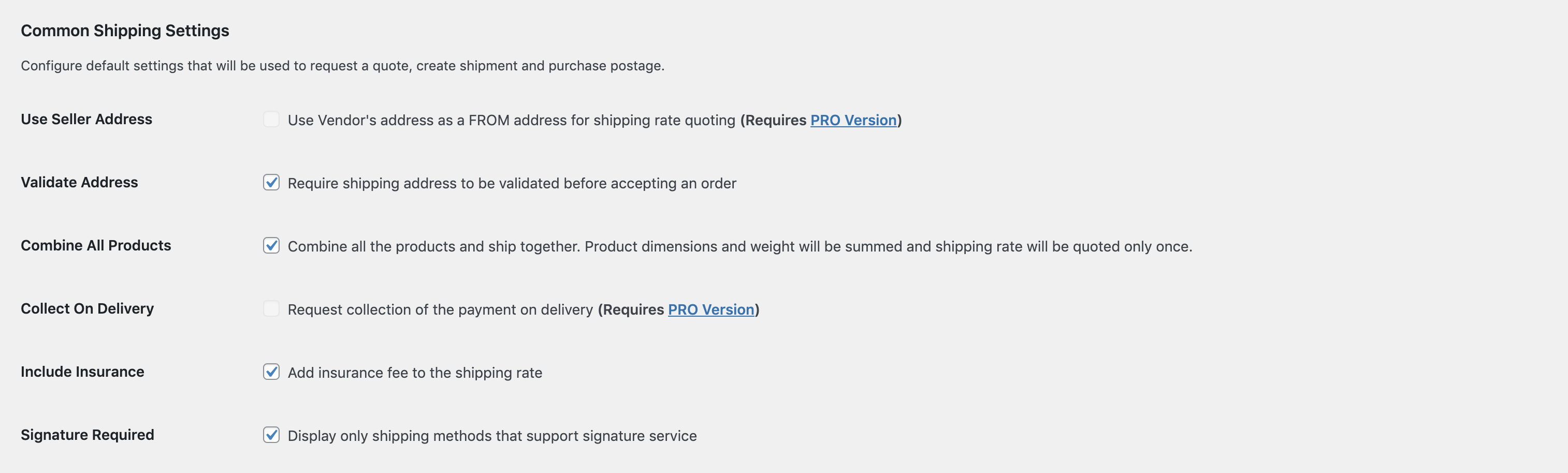 Example of live shipping rates