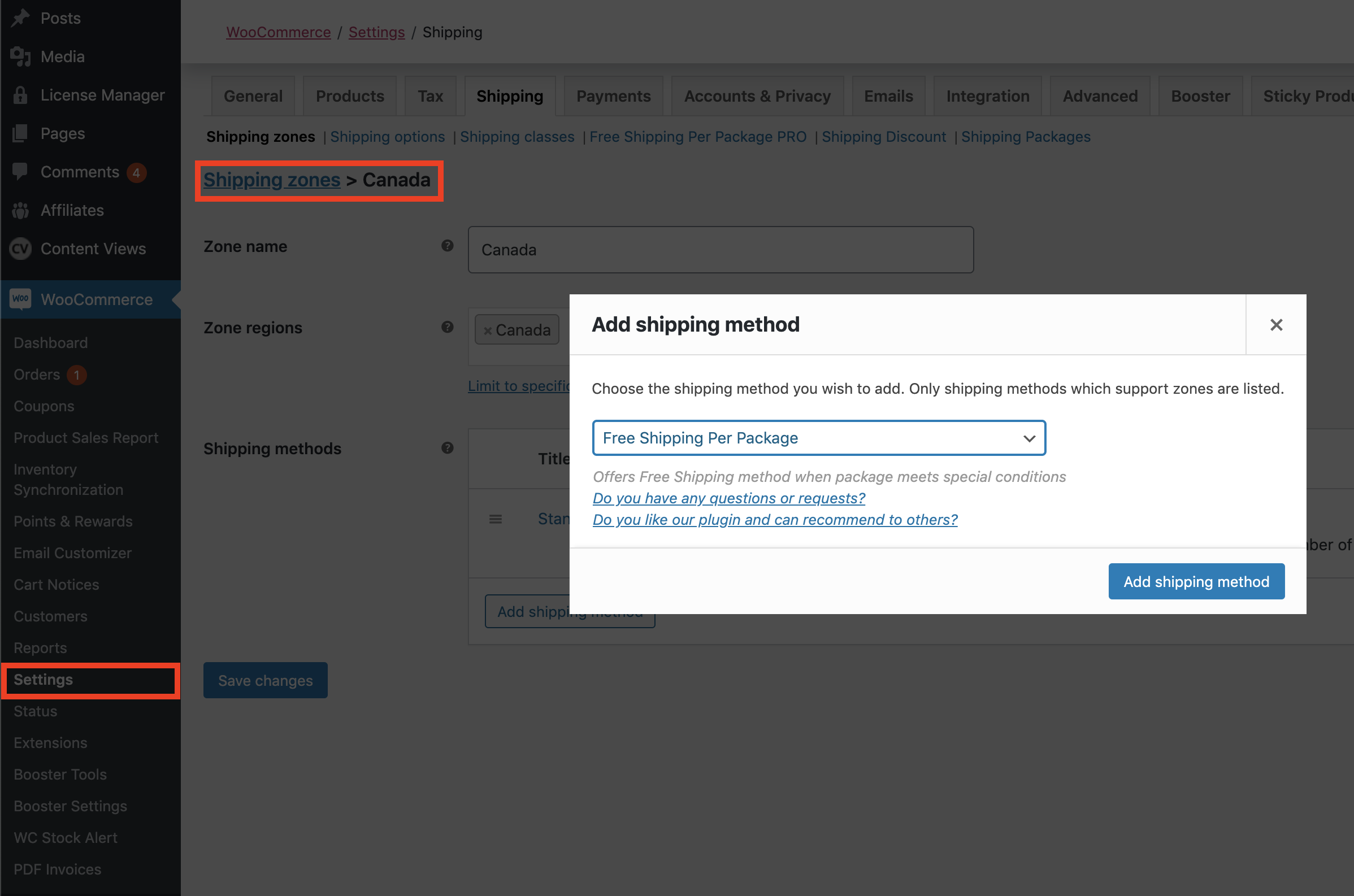 Navigate to WooCommerce -> Settings -> Shipping -> Shipping Zones and then Select Edit on any of the Shipping Zones, then hit Add Shipping Method inside of it and choose Free Shipping Per Package and hit Add Shipping Method.