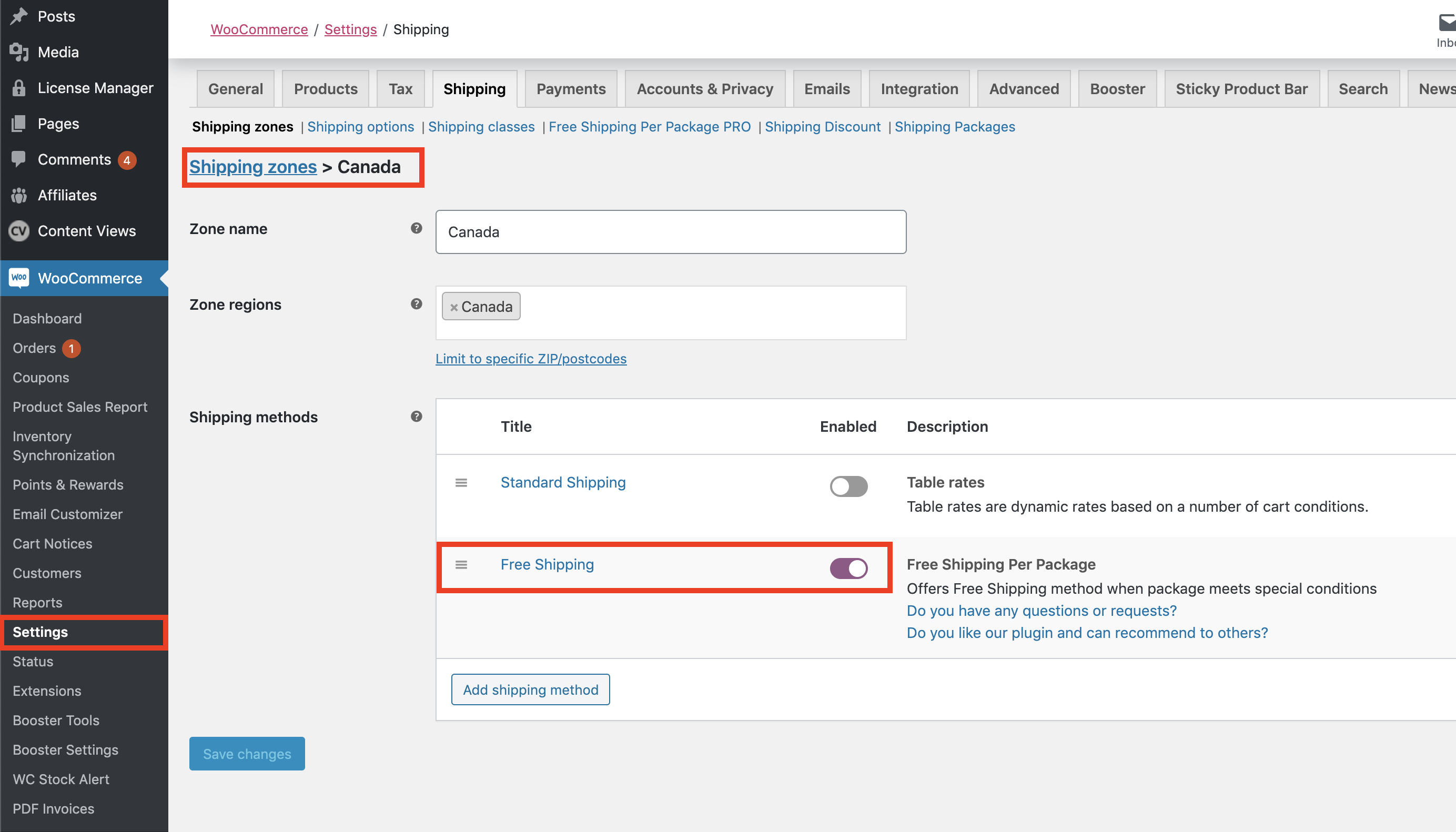 You can enable / disable individual Shipping Methods in the configuration of the Shipping Zone.