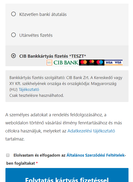 Checkout screen: CIB as a payment method