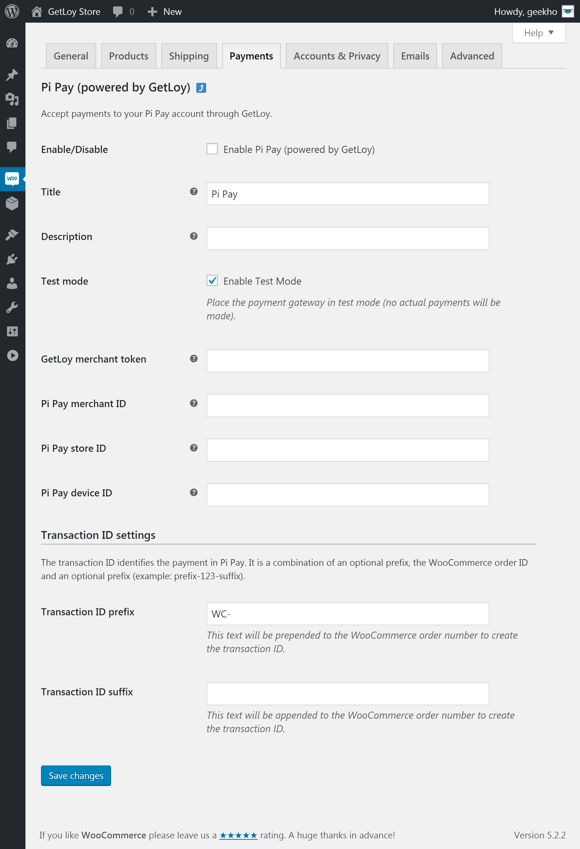 The Pi Pay gateway settings.