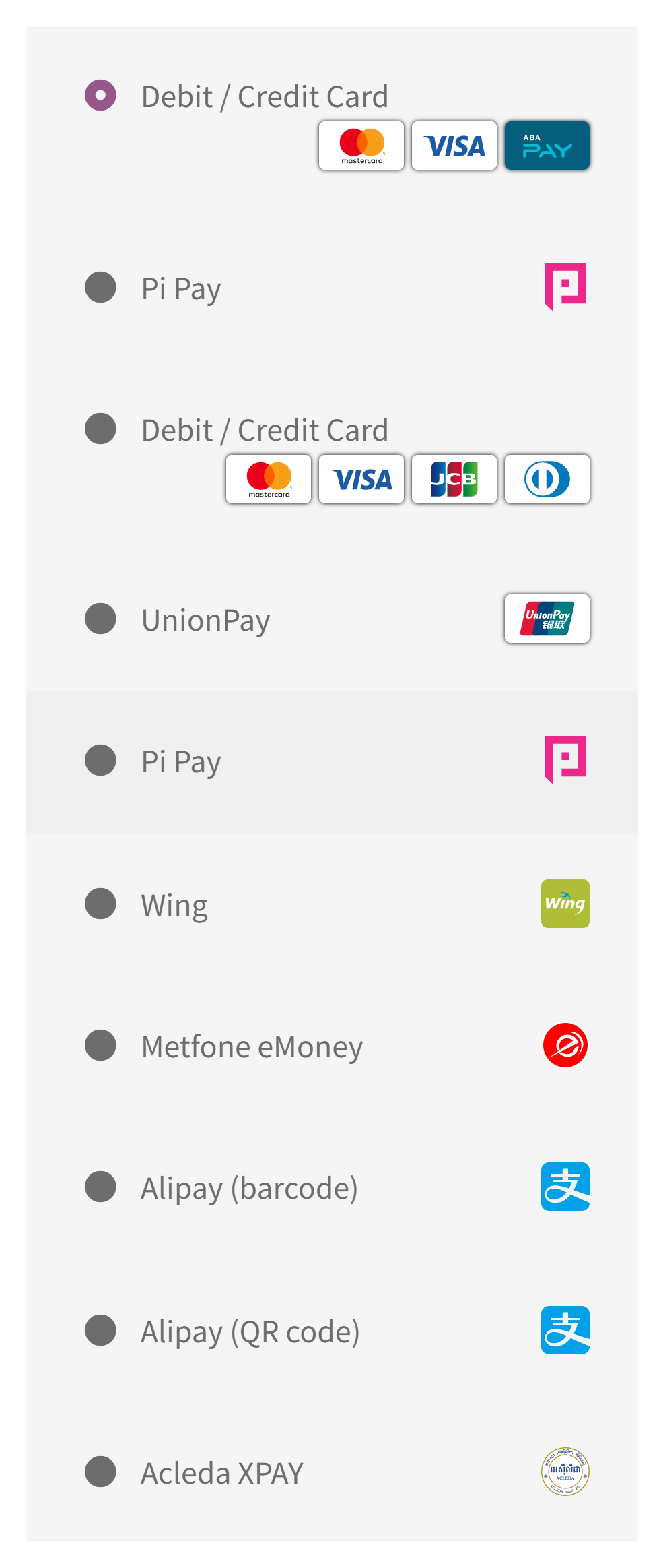 The payment options during checkout.