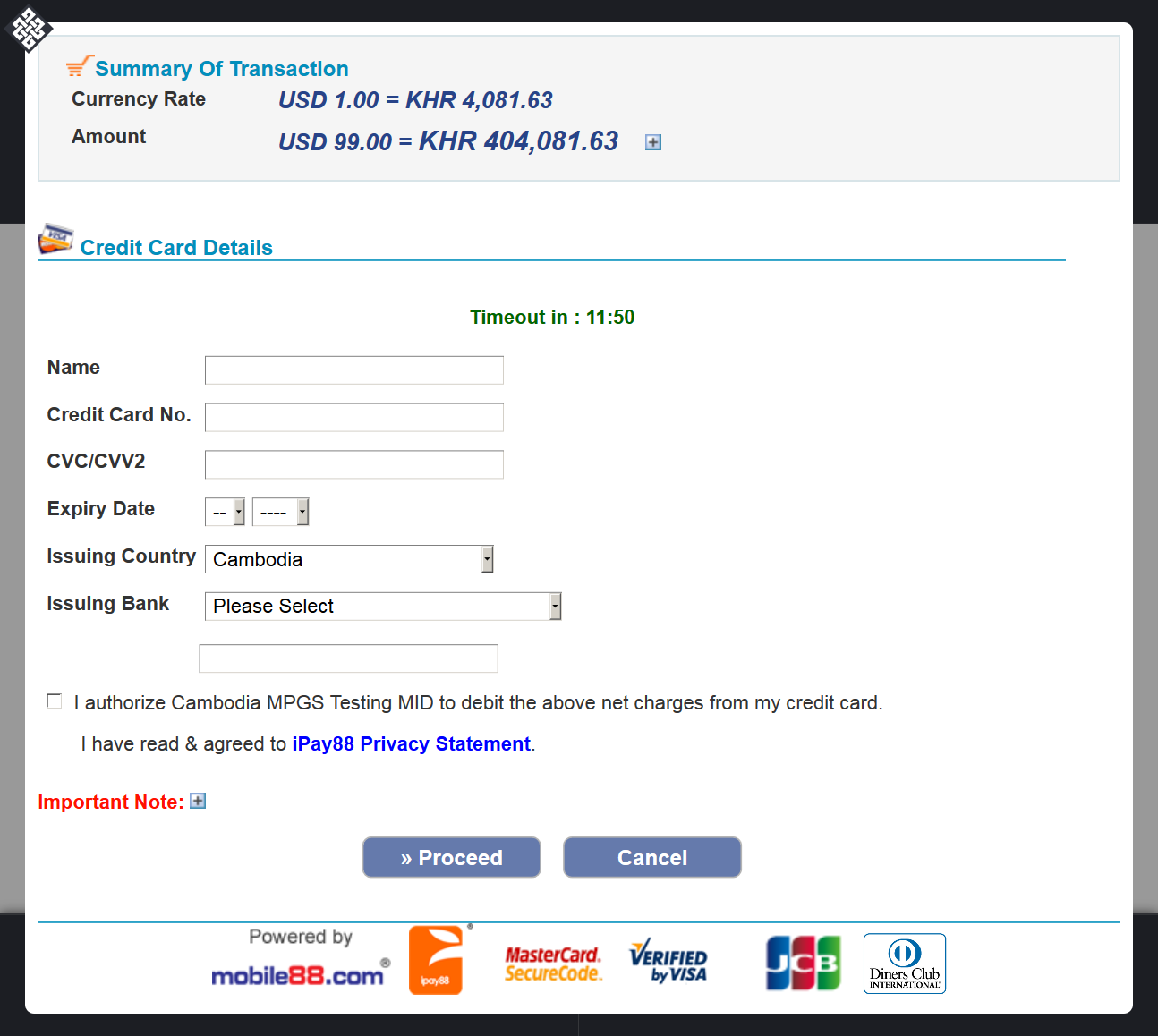 The iPay88 credit card payment popup.