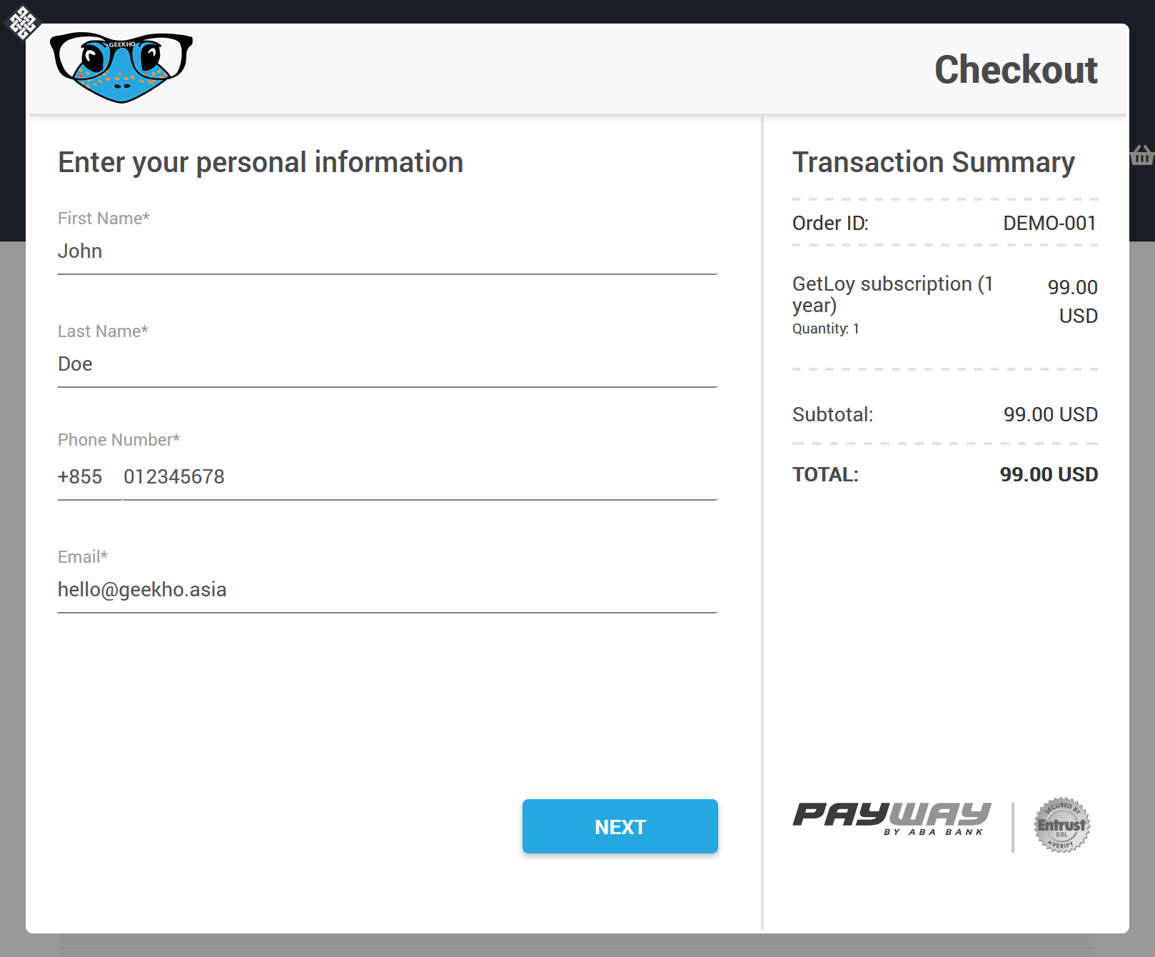 The PayWay payment popup.
