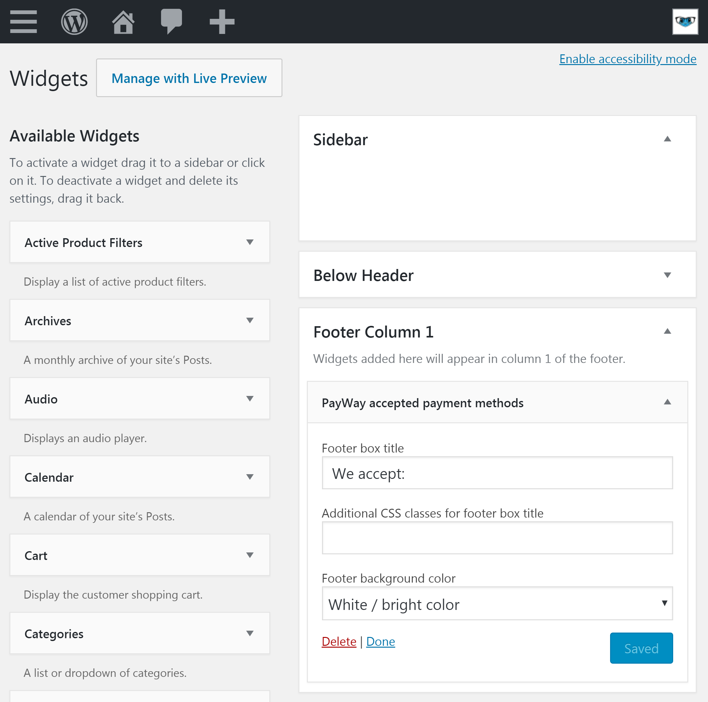 The PayWay accepted payment methods widget settings.