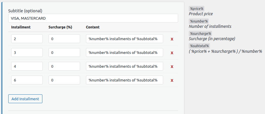 Settings - Add installments