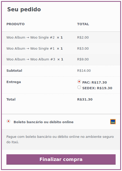 Método de pagamento na página de finalizar o pedido.