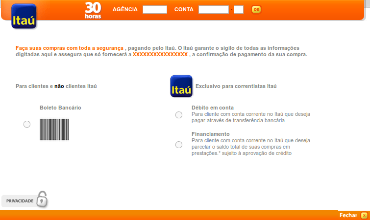 Exemplo dos meios de pagamentos sendo exibidos no Itaú Shopline.