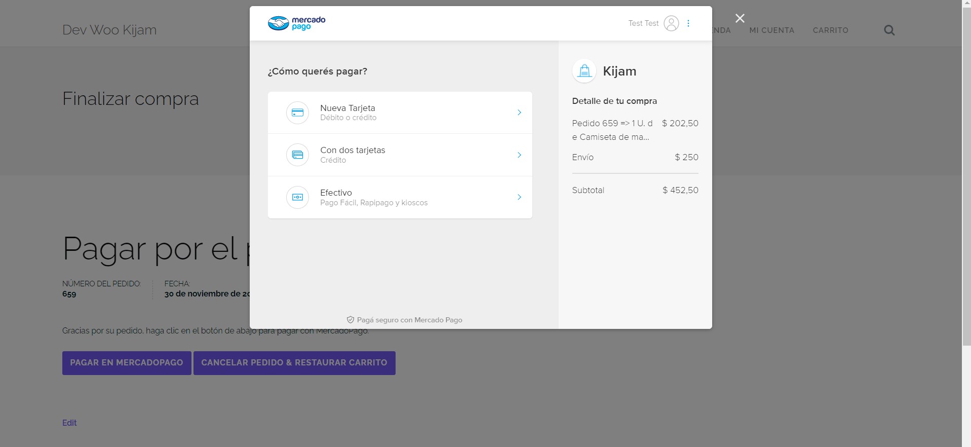 Página de pago en MercadoPago