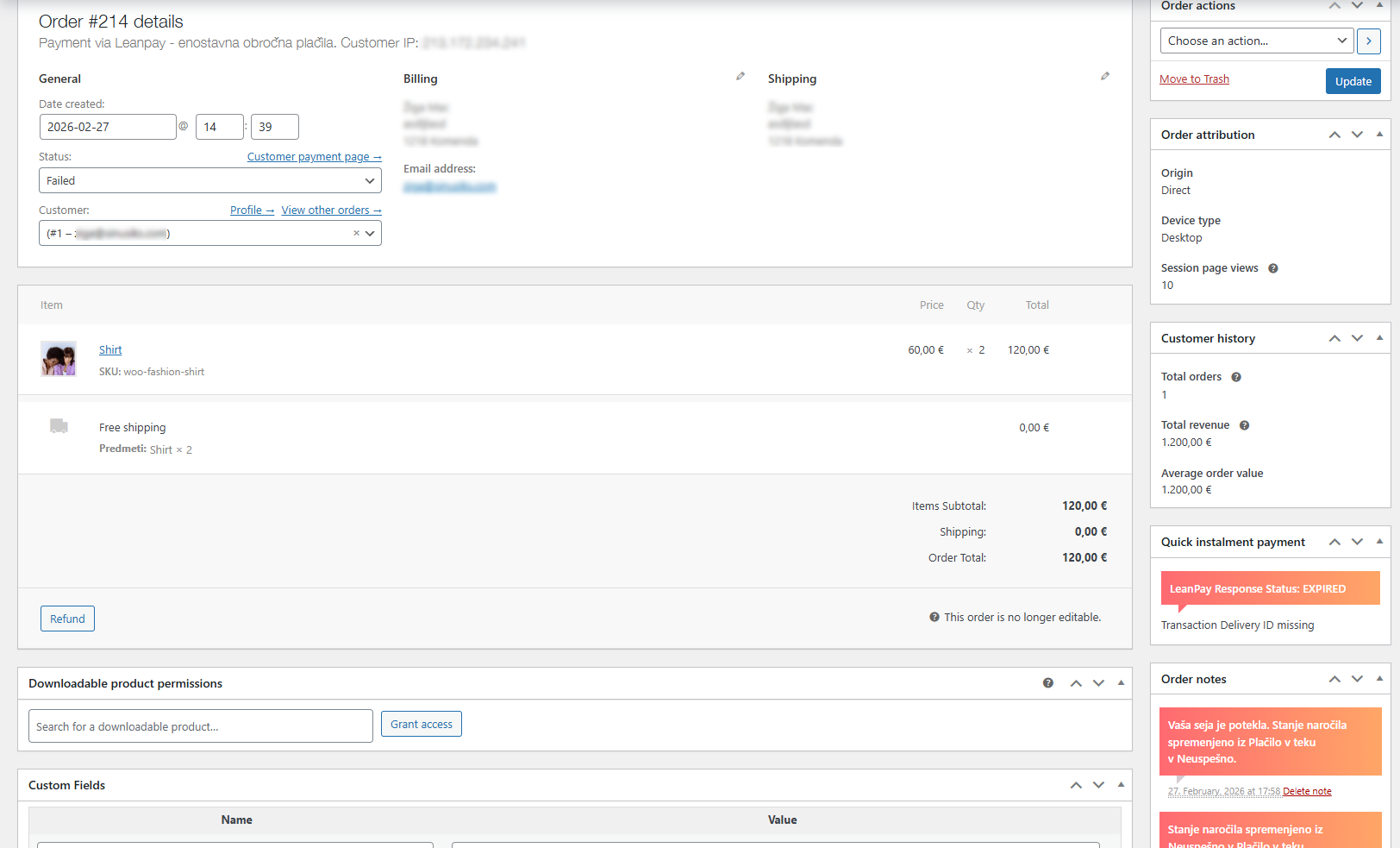 Admin order details with transaction status