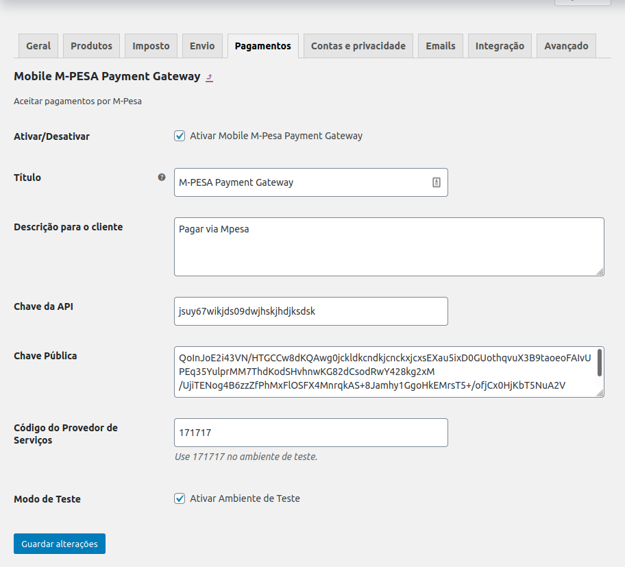Configuração das credenciais método de pagamento Mpesa.