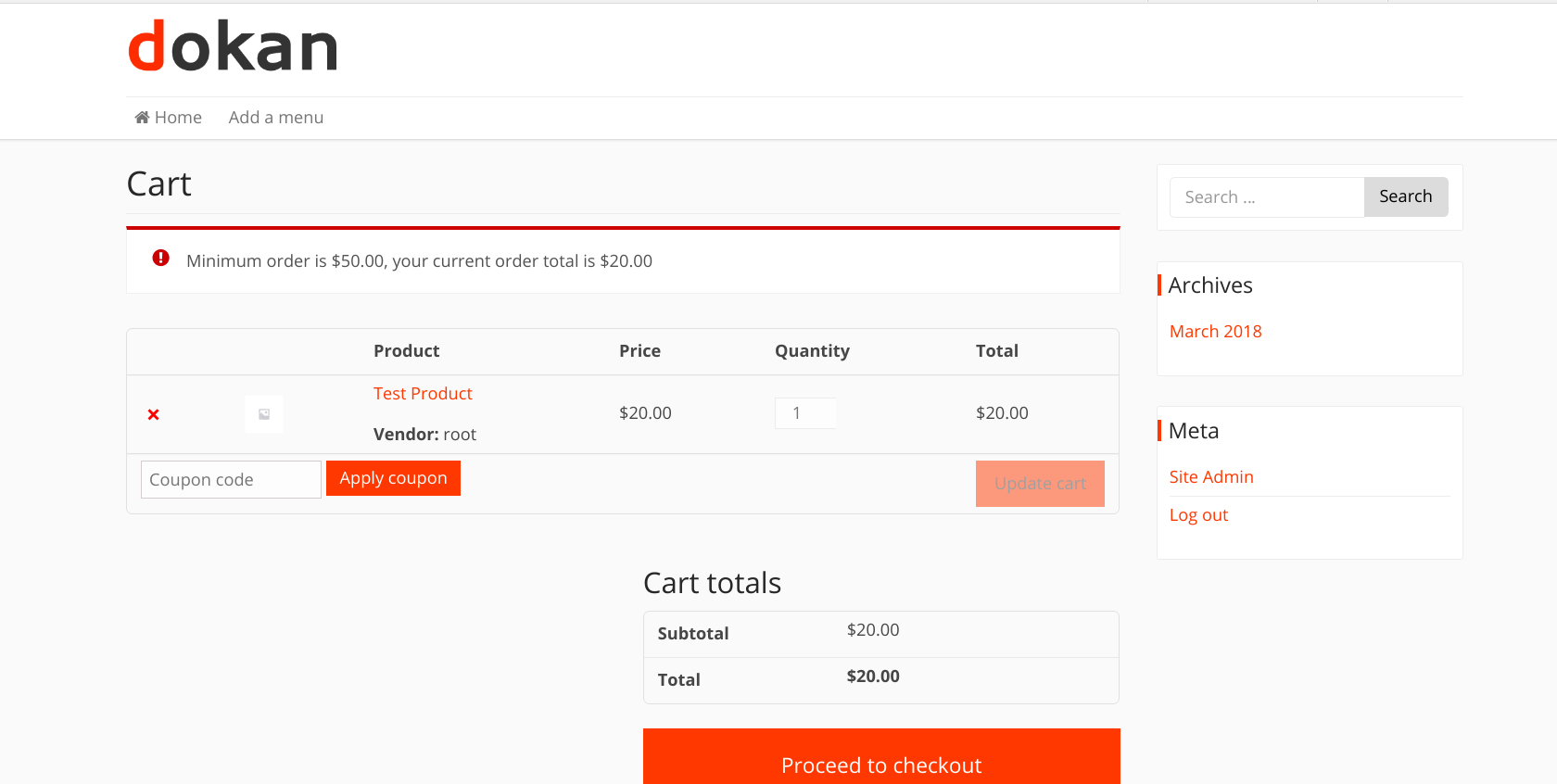 Error notice on the checkout page