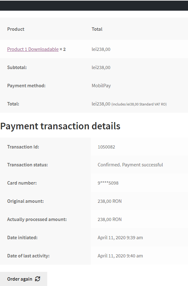 Frontend order details page - Payment transaction details