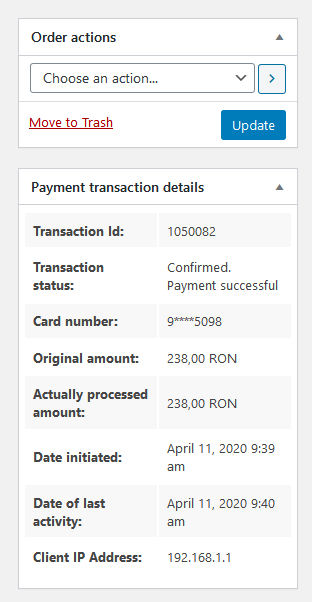 Admin order details page - Payment transaction details